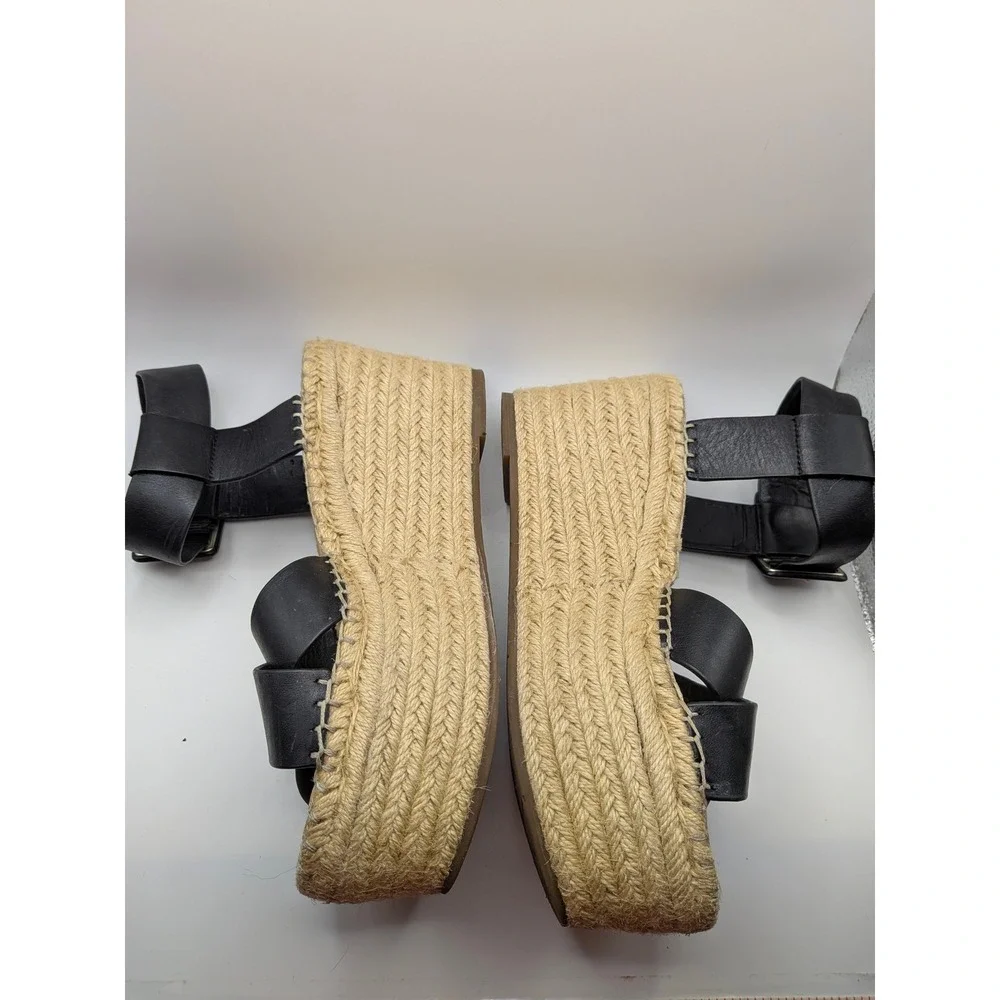 Marc Fisher LTD Adalyn Black Leather Espadrille Wedge Sandals Womens 7M